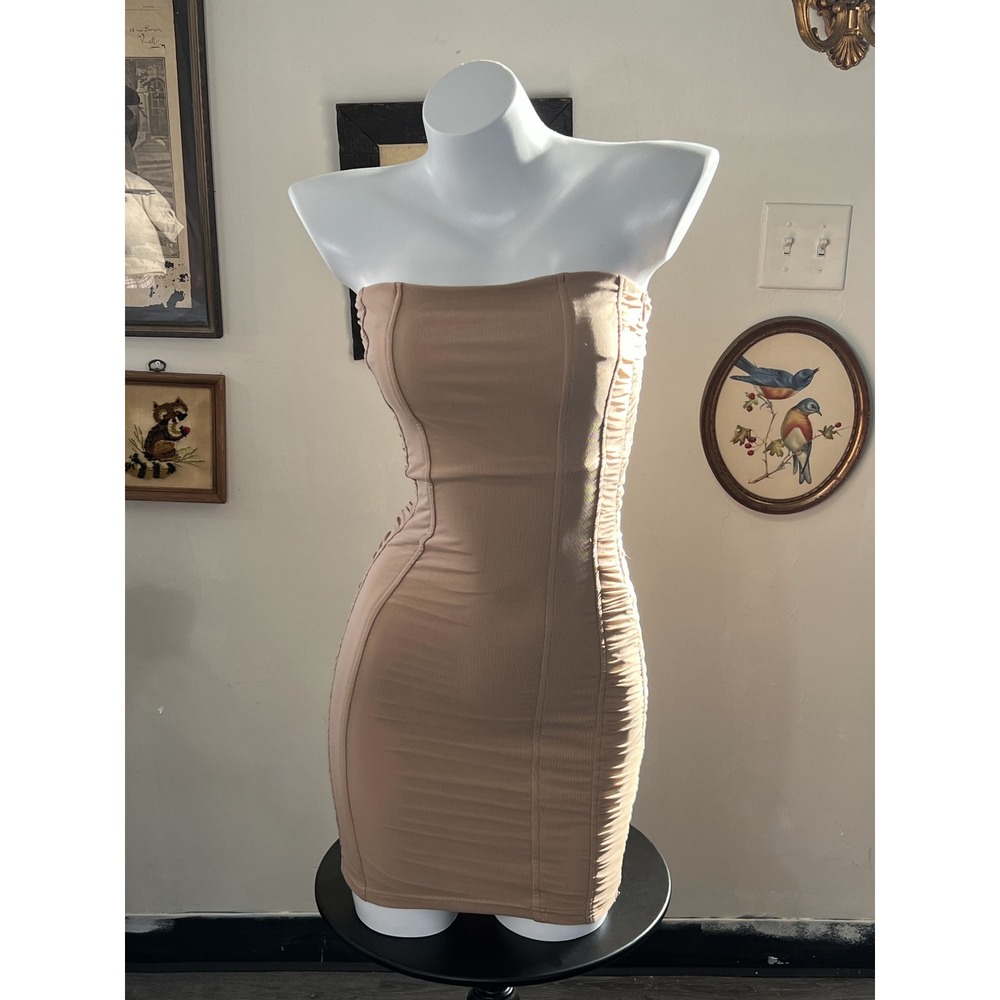 Princess Polly Tan Strapless Ruched Bodycon Mini Dress Size 4 US